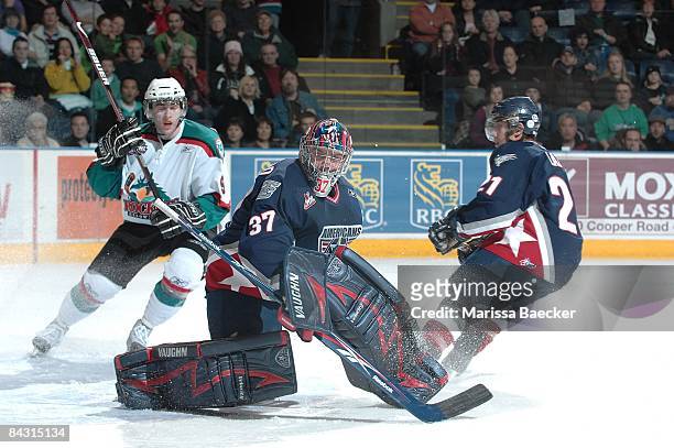 Chet Pickard of the Tri-City Americans defends the net against the Kelowna Rockets on January 14, 2009 at Prospera Place in Kelowna, Canada. Pickard...
