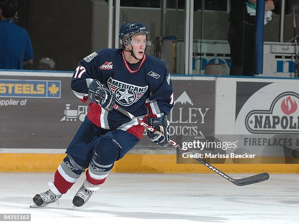 Adam Hughesman of the Tri-City Americans skates against the Kelowna Rockets on January 14, 2009 at Prospera Place in Kelowna, Canada.