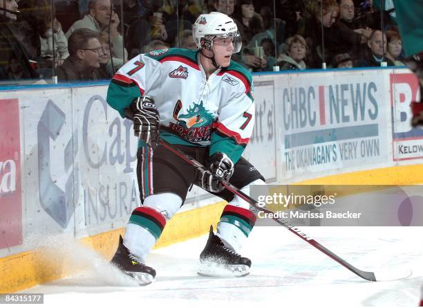 Aaron Borejko of the Kelowna Rockets skates against the Tri-City Americans at the Kelowna Rockets on January 14, 2009 at Prospera Place in Kelowna,...