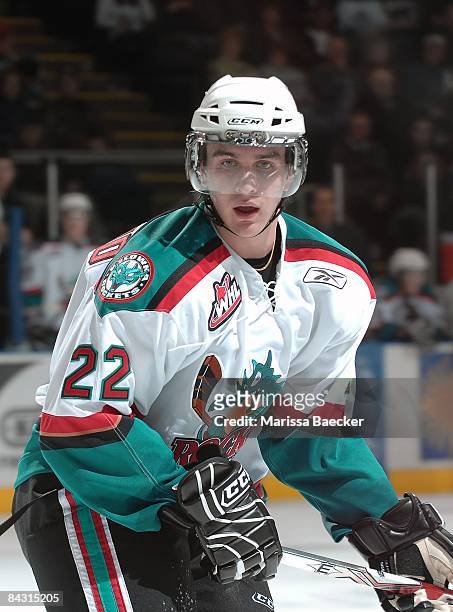 Mikael Backlund of the Kelowna Rockets makes his WHL debut against the Tri-City Americans on January 14, 2009 at Prospera Place in Kelowna, Canada.