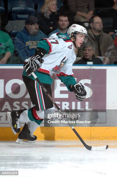 Ryley Grantham makes his debut with the Kelowna Rockets against the Tri-City Americans, after being traded from the Moose Jaw Warriors, on January...