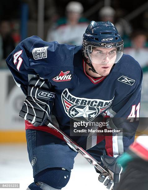 Petr Stoklasa of the Tri-City Americans lines up against the Kelowna Rockets on January 14, 2009 at Prospera Place in Kelowna, Canada.