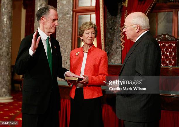 Appointed Sen. Ted Kaufman raises his right hand and is sworn in by Vice President Dick Cheney as his wife Lynne Kaufman holds the bible in the Old...