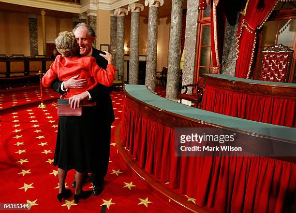 Appointed Sen. Ted Kaufman embraces his wife Lynne Kaufman after he was sworn in by Vice President Dick Cheney in the Old Senate Chamber at the U.S....