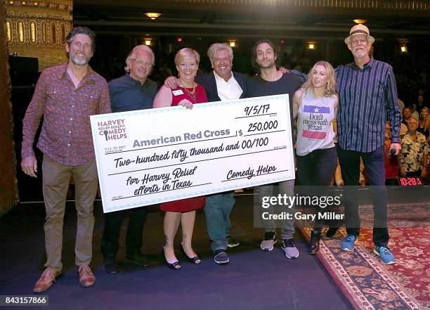 John O'Connell, Jim Ritts, Sunny Howard, Ron White, Chris D'elia, Iliza and Turk Pipkin pose on stage during the "Harvey Relief Benefit: Comedy...