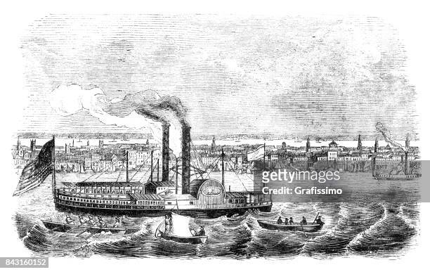 new york steamboat on hudson river 1863 - steamboat stock illustrations