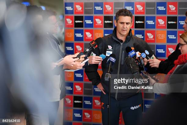 Giants head coach Leon Cameron speaks to the media prior to a Greater Western Sydney Giants AFL training session at Adelaide Oval on September 6,...
