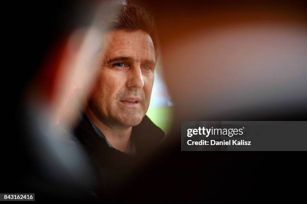 Giants head coach Leon Cameron speaks to the media prior to a Greater Western Sydney Giants AFL training session at Adelaide Oval on September 6,...