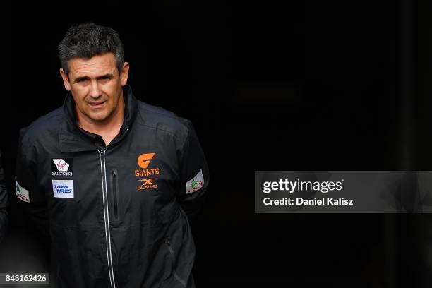 Giants head coach Leon Cameron speaks to the media prior to a Greater Western Sydney Giants AFL training session at Adelaide Oval on September 6,...
