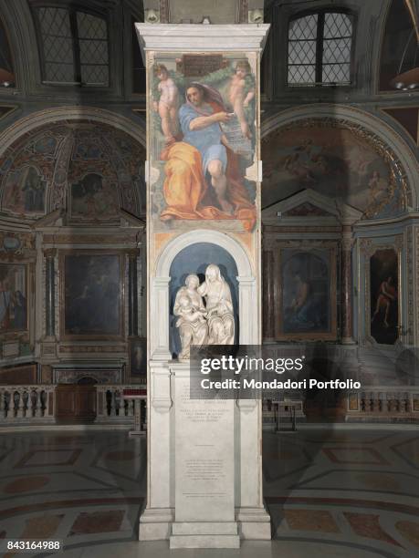 Italy, Lazio, Rome, Basilica di Sant'Agostino in Campo Marzio. Whole artwork view. The prophet Isaiah unrolling a scroll in Hebrew. Two putti holding...