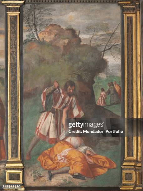 Italy, Veneto, Padua, Scuola del Santo. Whole artwork view. A jealous husband stabbing his wife because of an unfair accusation of adultery. In the...
