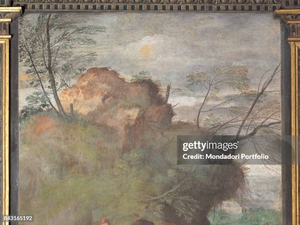 Italy, Veneto, Padua, Scuola del Santo. Detail. Cliff covered with greens and some trees.