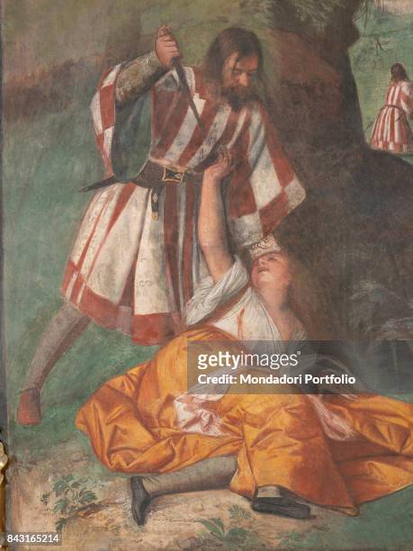 Italy, Veneto, Padua, Scuola del Santo. Detail. A jealous husband stabbing his wife because of an unfair accusation of adultery.
