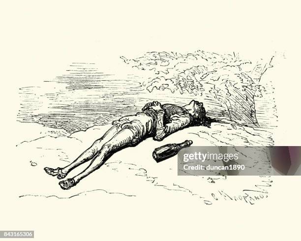 adventures of baron munchausen, the sleeping drunkard - knocked out stock illustrations