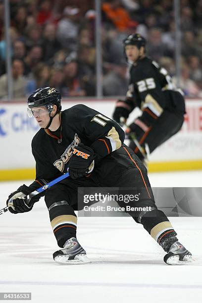 Corey Perry of the Anaheim Ducks skates against the New Jersey Devils at the Honda Center on January 11, 2009 in Anaheim, California.