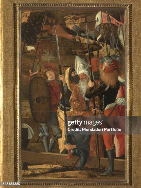 Italy, Tuscany, Florence, Galleria degli Uffizi. Whole artwork view. Some halberdiers surrounding two old men in rich clothes in a pastoral...