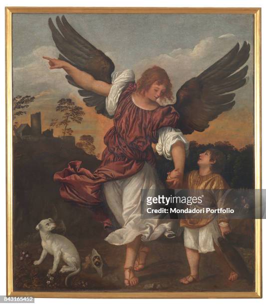 Italy, Veneto, Venice, Gallerie dell'Accademia. Whole artwork view. Saint Raphael the Archangel holding the young Tobias by the hand while pointing...