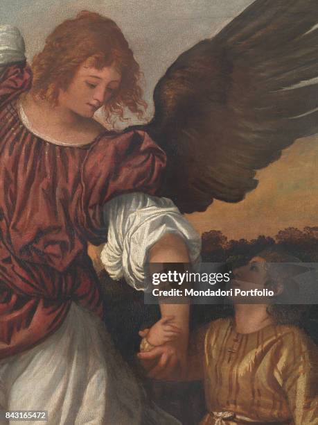 Italy, Veneto, Venice, Gallerie dell'Accademia. Detail. Saint Raphael the Archangel holding the young Tobias by the hand.