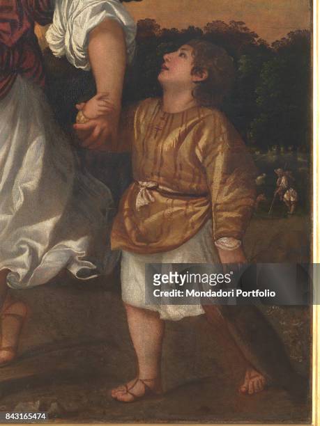 Italy, Veneto, Venice, Gallerie dell'Accademia. Detail. The young Tobias holding Saint Raphael the Archangel's hand and dragging a fish in the other...