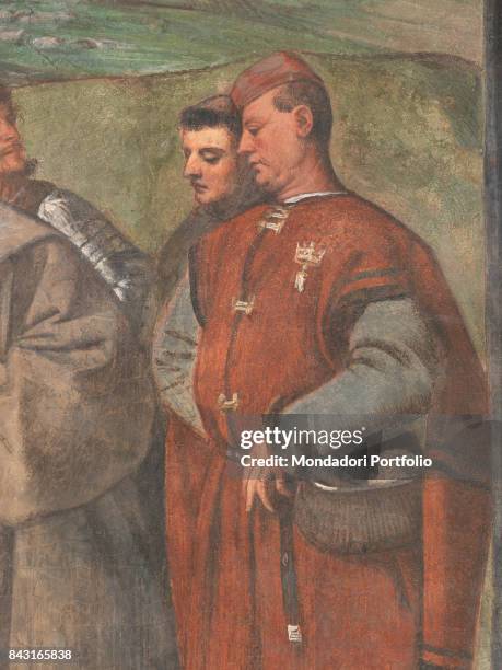Italy, Veneto, Padua, Scuola del Santo. Detail. Curious men looking at Saint Anthony of Padua doing the miracle of healed foot.