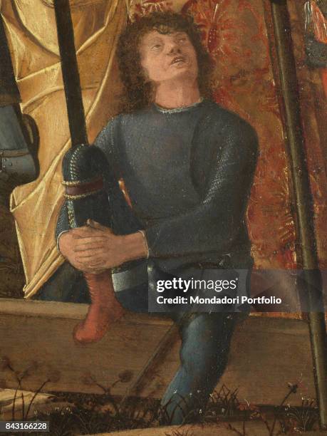 Italy, Tuscany, Florence, Galleria degli Uffizi. Detail. A soldier sitting on a wooden board - a piece of a cross under construction, maybe the one...