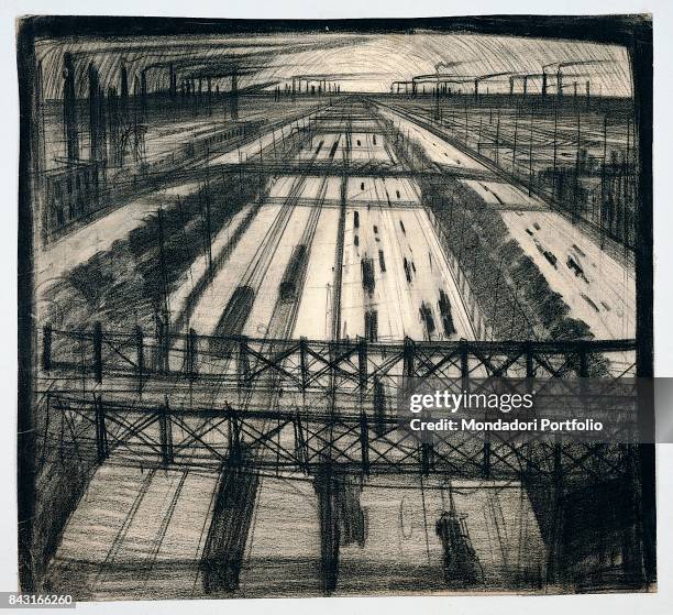 Italy, Lombardy, Milan, Private Archive. Whole artwork view. The avenue between Milan and Monza for the project of the District Industrial Nord...