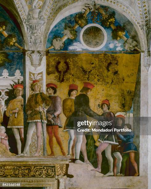 Italy, Lombardy, Mantua, Ducal Palace. Detail. Dignitaries and counsellors, recognizable by their clothes with the colors of arms of the Gonzaga, who...