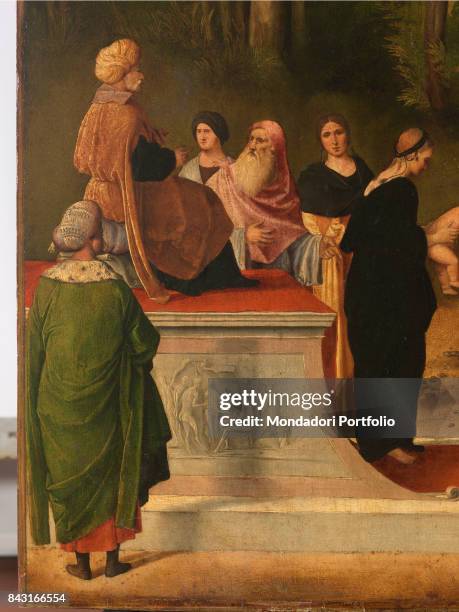 Italy, Tuscany, Florence, Uffizi Gallery. Detail. Pharaoh sits on a throne on the left, surrounded by various characters..