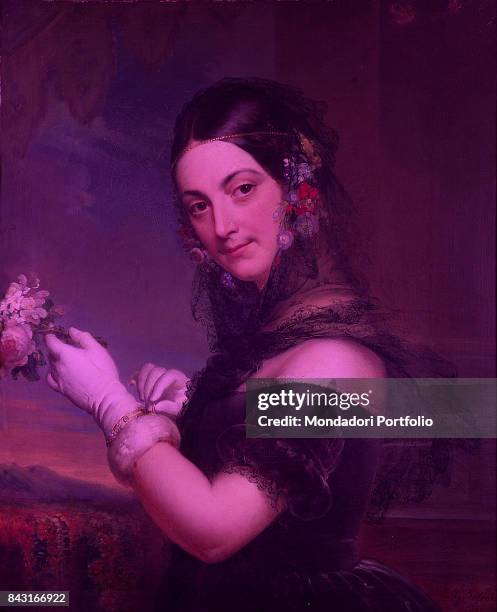 Italy, Lombardy, Milan, Museo teatrale alla Scala. Whole artwork view. Portrait of Italian soprano Elena Viganò with a veil on the shoulders and a...