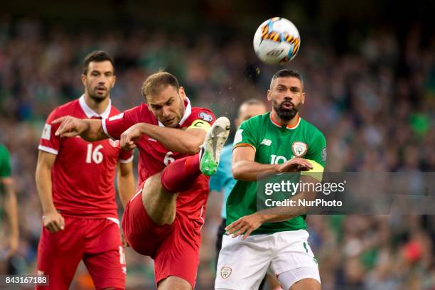 Branislav Ivanovic of Serbia kicks the ball during the FIFA World Cup 2018 Qualifying Round match between Republic of Ireland and Serbia at Aviva...