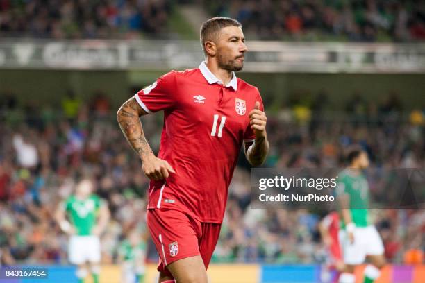 Aleksandar Koralov of Serbia celebrates scoring during the FIFA World Cup 2018 Qualifying Round match between Republic of Ireland and Serbia at Aviva...