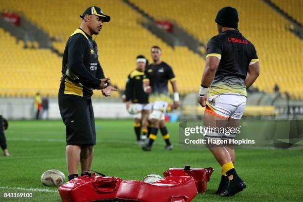 Forwards coach Rodney So'oialo of Wellington takes part in the warm up during the round four Mitre 10 Cup match between Wellington and Hawke's Bay at...