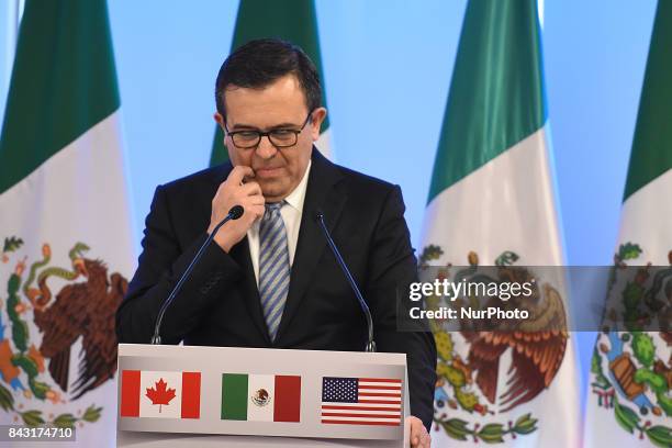 Ildefonso Guajardo Villarreal, Secretary of Economy is seen during his speech at meeting with the media as part of the Second Round of NAFTA...