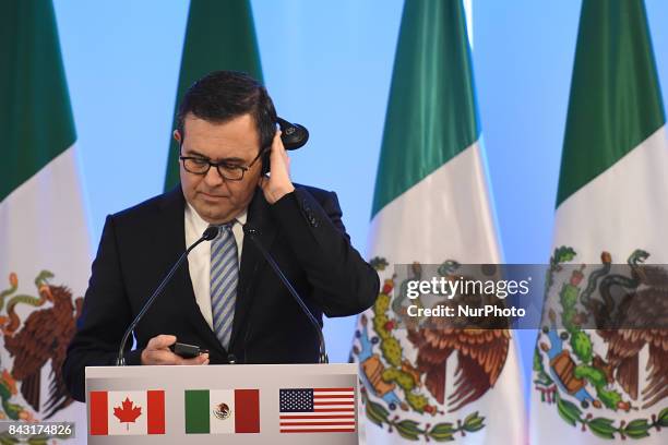 Ildefonso Guajardo Villarreal, Secretary of Economy is seen during his speech at meeting with the media as part of the Second Round of NAFTA...