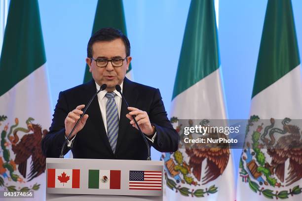 Ildefonso Guajardo Villarreal, Secretary of Economy is seen during his speech at meeting with the media as part of the Second Round of NAFTA...