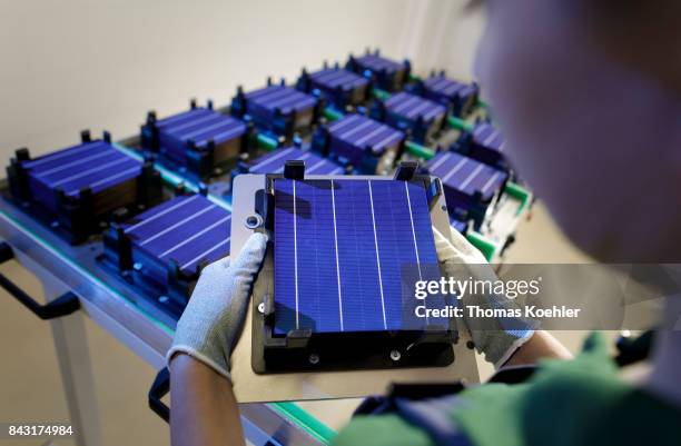 Visual control of a solar cell before the production starts on August 01, 2017 in Frankfurt an der Oder, Germany.