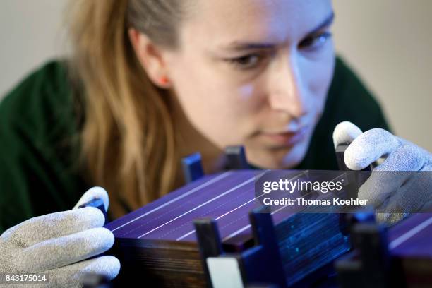 Visual control of a solar cell before the production starts on August 01, 2017 in Frankfurt an der Oder, Germany.