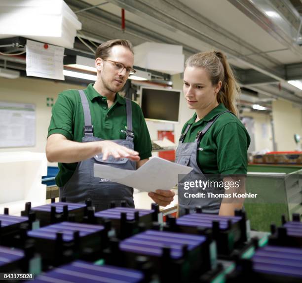 Visual control of a solar cell before the production starts on August 01, 2017 in Frankfurt an der Oder, Germany.