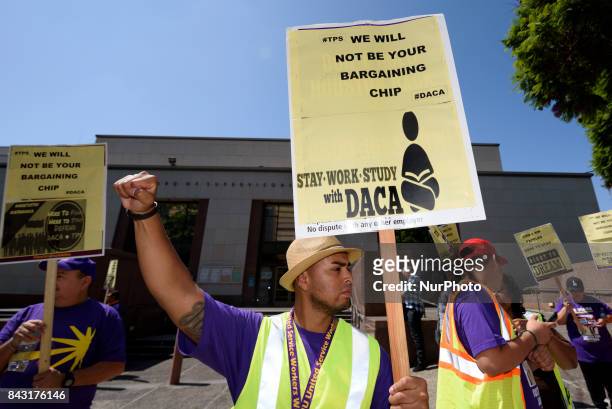 Immigration rights activists protest the Trump administrations termination of the DACA program. Los Angeles, California on September 5, 2017. The...