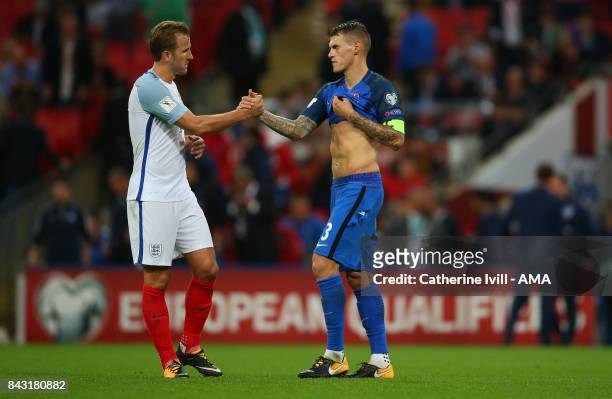 Harry Kane of England and Martin Skrtel of Slovakia during the FIFA 2018 World Cup Qualifier between England and Slovakia at Wembley Stadium on...