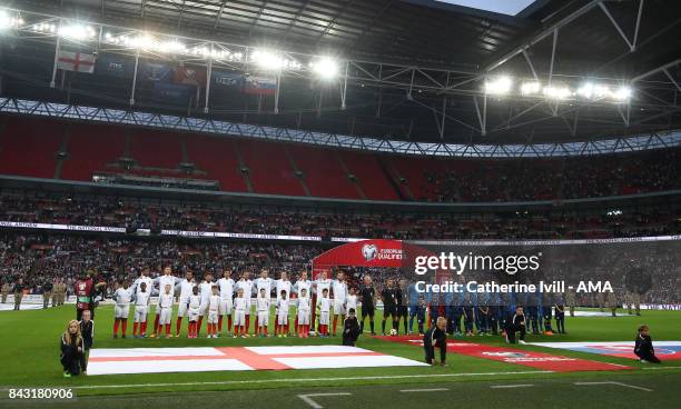 The teams line up before the FIFA 2018 World Cup Qualifier between England and Slovakia at Wembley Stadium on September 4, 2017 in London, England.