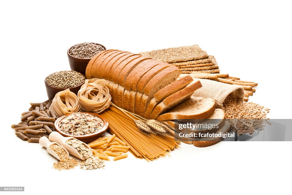 Wholegrain and dietary fiber food on white background