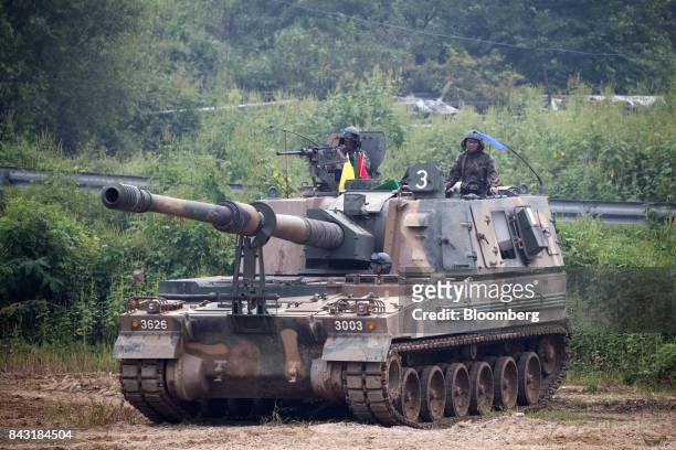South Korea army tank participates in a military exercise near the border in Paju, South Korea, on Wednesday, Sept. 6, 2017. North Korean has...