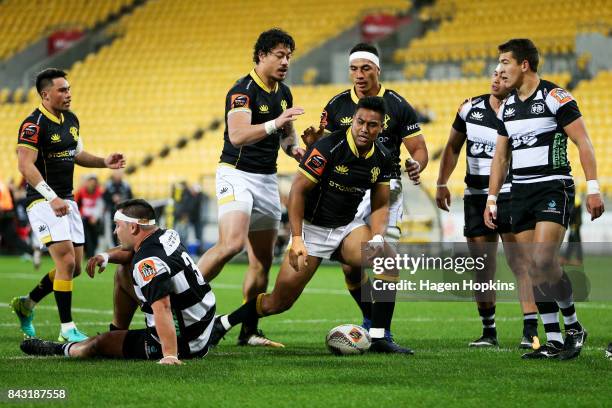 Julian Savea of Wellington celebrates his try with teammate Ben Lam during the round four Mitre 10 Cup match between Wellington and Hawke's Bay at...