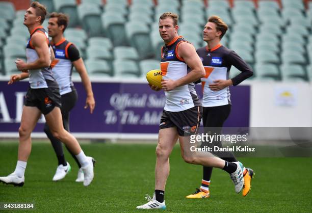 Steve Johnson of the Giants runs during a Greater Western Sydney Giants AFL training session at Adelaide Oval on September 6, 2017 in Adelaide,...