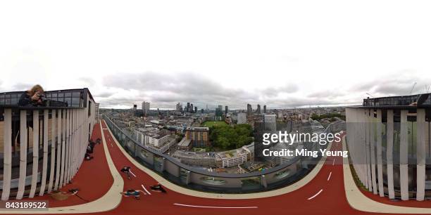 Runners on the running track of London's highest running track on the roof of the White Collar Factory by Old Street on September 5, 2017 in London,...