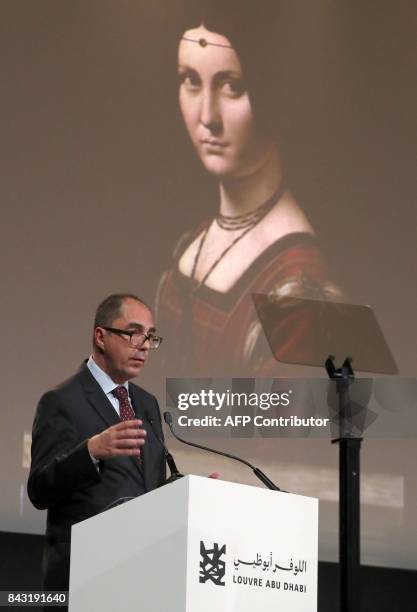 President of the Louvre Jean-Luc Martinez speaks during a press conference in Abu Dhabi on September 6, 2017 during which they announced that the...