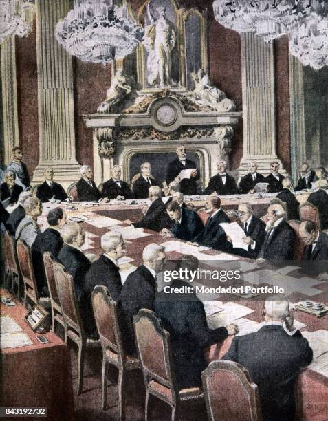 Whole artwork view. French politician Georges Clemenceau speaking in a session of the peace conference in 1919.