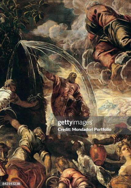 Italy, Veneto, Venice, Scuola Grande di San Rocco. Detail. Moses touching with his tick the from the rock from which the water draws to quench men's...
