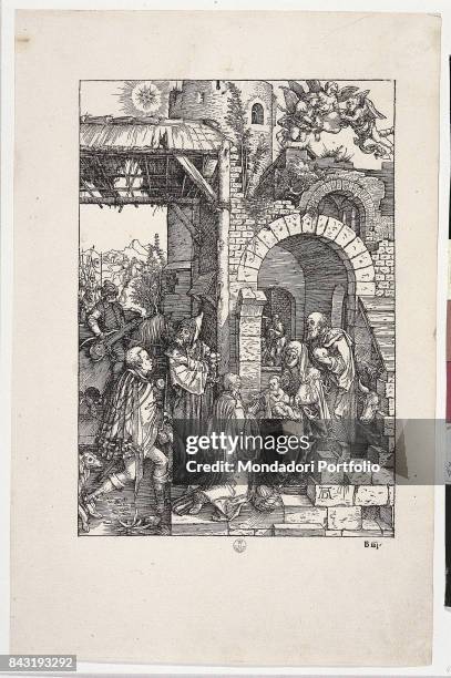 Italy, Tuscany, Florence, Gabinetto Disegni e Stampe degli Uffizi. Whole artwork view. The Holy Family getting the adoration of the three Magi. On...